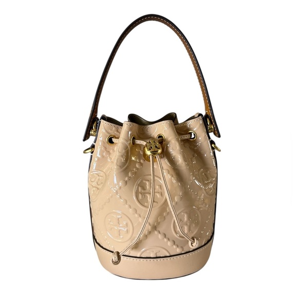 Tory Burch Mini T Monogram Bucket Bag Warm Chai Patent Leather w/Dust Bag - Picture 4 of 16